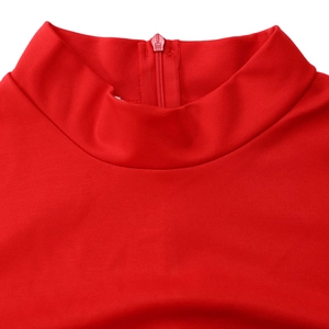 Detail of red mock neck dress with textured knit fabric and invisible back zipper