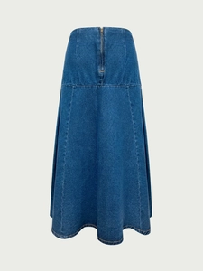 Elegant high-waisted A-line denim maxi skirt with panel stitching and back zipper