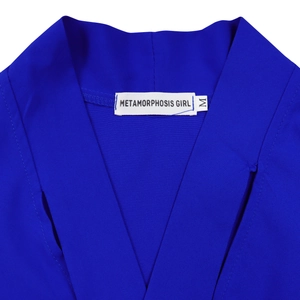 Detailed close-up of a blue dress neckline showing high-density woven fabric texture