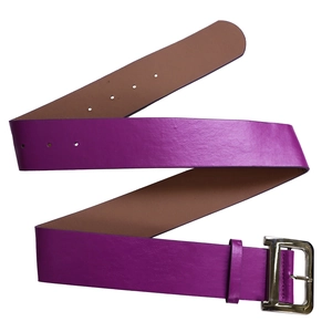 Detailed view of a purple faux leather belt with a silver square metal pin buckle