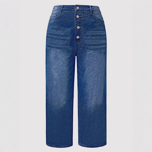 Detail of high waist wide leg jeans featuring multiple button fly and cat whisker wash effect