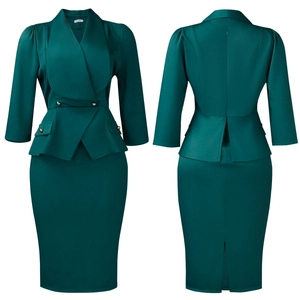 Detail of dark green peplum dress featuring shawl collar and gold decorative buttons