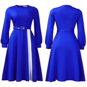 Detailed front and back view of elegant blue long sleeve dress with white side paneling
