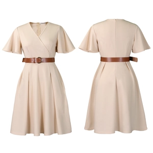Detail view of V-neck apricot dress with ruffle sleeves and brown leather belt accent