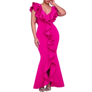 Detail showing layers of ruffled trim and fishtail hem on this rose red evening dress