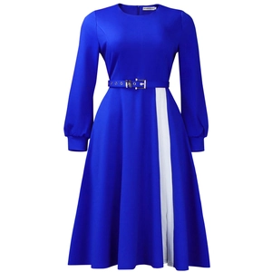 Detail of royal blue long sleeve dress featuring white contrast stripe and belted waist