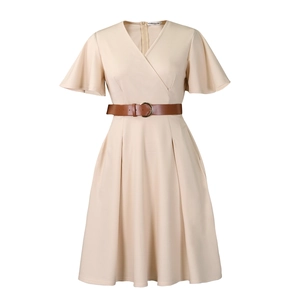 Detail of elegant V-neck dress featuring ruffled sleeves and brown leather belt accent