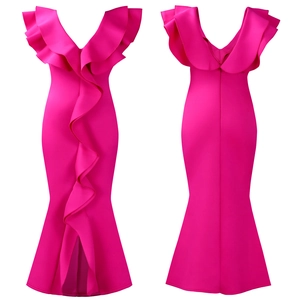Front and back detail of rose red mermaid dress with V-neck, ruffles, and front slit