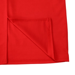 Close-up of bright red dress hemline showing neat double-needle stitching and fabric texture