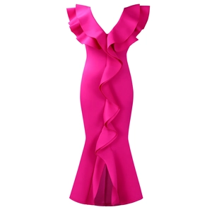 Detail of rose red formal dress featuring ruffle shoulder and high slit fishtail hemline