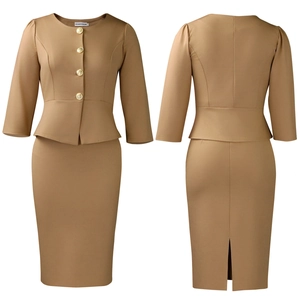 Detail of khaki two-piece set with gold buttons and peplum waist on professional skirt suit