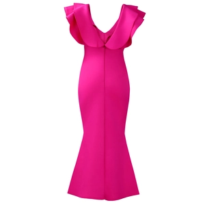 Detail view of the rose red fishtail hem and ruffled V-neck on this elegant evening gown