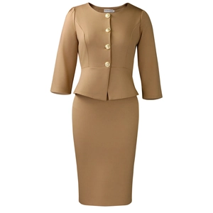 Detail of camel business suit featuring tiered ruffle hem top with golden buttons