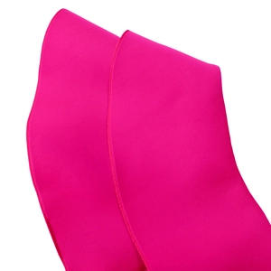 Close-up of bright fuchsia V-neck dress fabric showing fine mesh texture and ruffle edge
