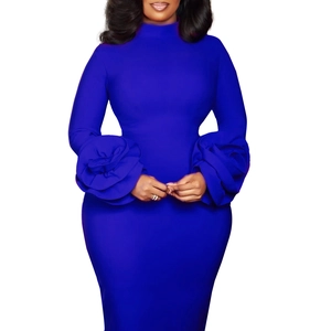Detailed view of the royal blue elegant sheath dress with 3D floral cuff accents