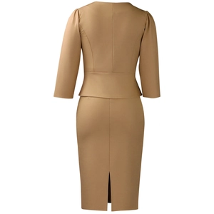 Detail view of khaki peplum blazer with split pencil skirt and back waist stitching