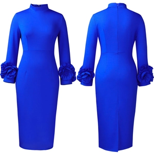 Close-up of royal blue bodycon dress with 3D floral ruffles on sleeve and back slit