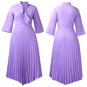 Front and back detail of purple pleated V-neck dress with elegant waist tie and 3/4 sleeves