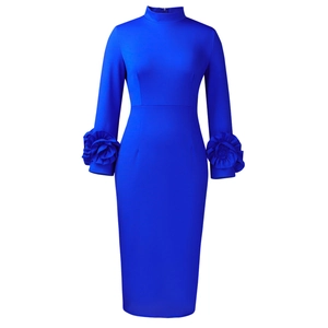 Detail of royal blue bodycon dress featuring 3D floral ruffles on long sleeves