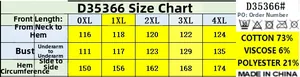 Size chart for women's plus size denim dress with measurements and material details