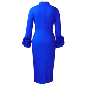 Detailed back view of royal blue slim-fit dress featuring 3D floral cuff accents