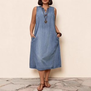 Detailed view of casual light blue denim sleeveless dress with V-neck and functional pockets