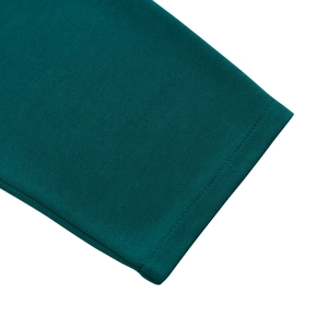 Close-up of dark green knitted cuff showing precise double-needle stitching detail
