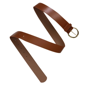 Close-up of caramel brown leather belt with elegant golden round buckle and S-shaped fold