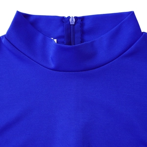 Detail of the elegant royal blue mock neck dress with a high-quality hidden back zipper
