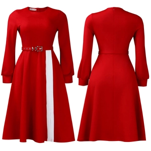 Detail of red long sleeve dress featuring waist belt and white side stripe contrast