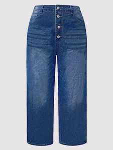 Women's high waist wide leg jeans with vintage wash and four-button fly design