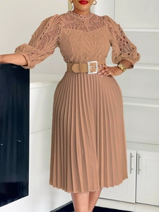 Elegant khaki lace hollow dress with lantern sleeves and pleated skirt including belt