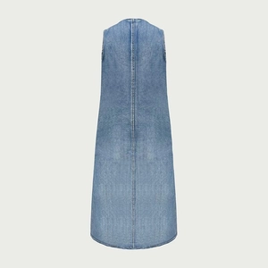 Rear view detail of loose denim sleeveless maxi dress with light blue washed texture