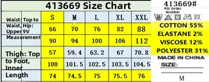 Detailed size chart and fabric composition tag for high waist light blue stretch jeans