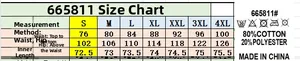 Detailed size chart for women's denim pants with waist and hip measurements from S to 4XL