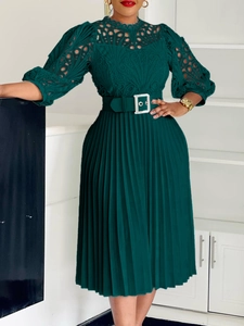 Elegant dark green lace hollow midi dress with puff sleeves and pleated skirt