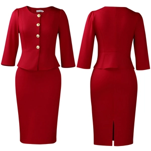Detail of red two-piece skirt suit featuring golden buttons and elegant peplum jacket hem