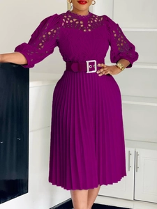 Elegant deep purple lace hollow-out dress with pleated skirt and wide belt accent