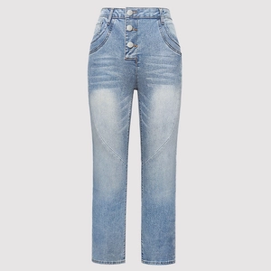 Close-up of high-waisted light blue denim jeans featuring a unique three-button closure design