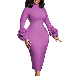 Detail of elegant lilac midi dress featuring oversized floral accents on sleeves