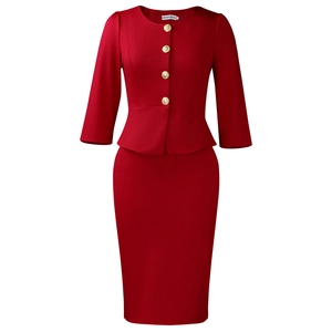 Detail view of burgundy two-piece suit set featuring peplum waist and gold buttons
