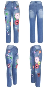 Detailed views of women's straight-leg blue jeans with vibrant floral prints and washed denim