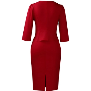 Back view of elegant red business dress set with waist ruffle and back slit skirt