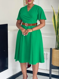 Women Elegant V Neck Ruffle Sleeve Midi Dress With Belt Solid Color Casual Office A-Line Dress Formal Party Long Dress
