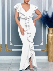Elegant white V-neck fisheye evening dress with dramatic ruffles and floor-length slit