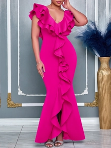 Elegant fuchsia V-neck mermaid gown with ruffled layers and front slit for formal events