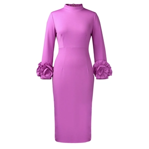 Close-up of elegant magenta bodycon dress featuring 3D floral accents on cuffs