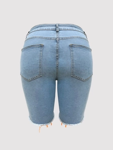 High-Waist Jeans-Radlerhose in Hellblau mit orangen Nähten und ausgefranstem Saum Rückansicht