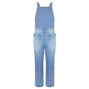 Rear view of light blue denim overalls with adjustable straps and large back pockets