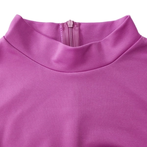 Detail of high neck design and back zipper closure on magenta knit dress